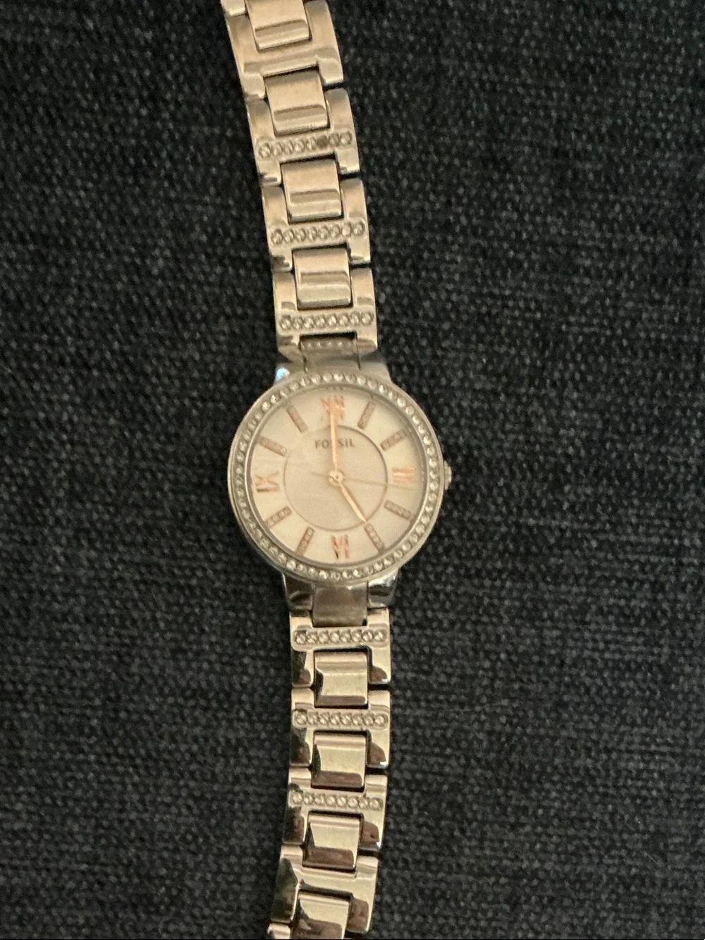 Fossil Silver-Tone Bracelet Watch with Cream Dial and Crystal Accents
